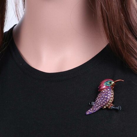 Paarse vogel broche rhinestone emaille