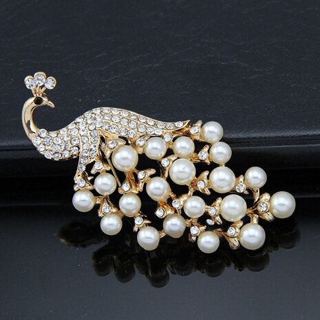 Kunstparels Pauw Broche Rhinestones Goud