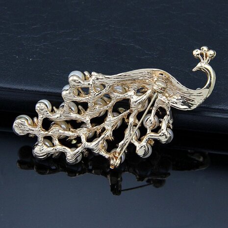 Kunstparels Pauw Broche Rhinestones Goud