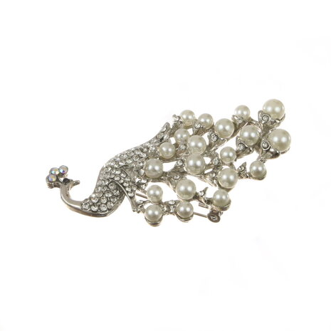 Kunstparels Pauw Broche Rhinestones Zilver