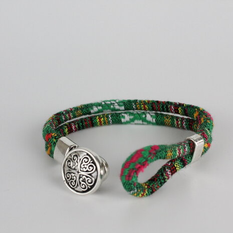 Bohemian Kleurige Katoen Armband Tibet Silver Bloem Snap Button Groen