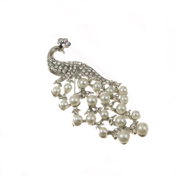 Kunstparels Pauw Broche Rhinestones Zilver