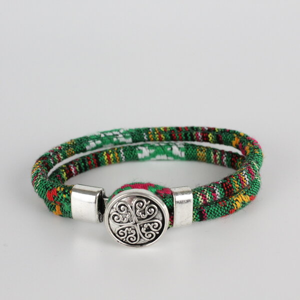 Bohemian Kleurige Katoen Armband Tibet Silver Bloem Snap Button Groen